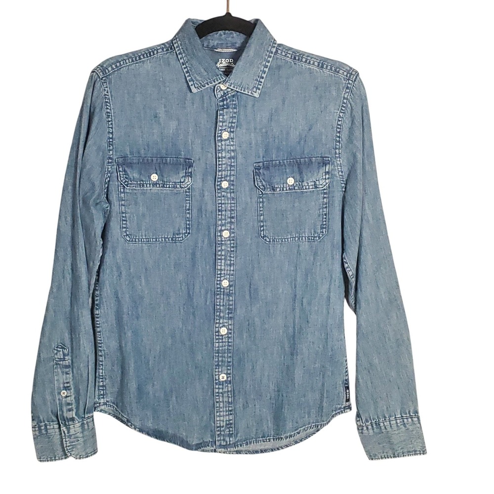 IZOD Saltwater Denim Shirt Mens Small S Indigo Blue Slim Fit Button Down Pocket
